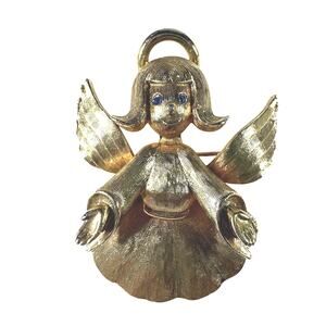 Vintage Angel with halo gold toned with blue eyes Pendant signed J.J.